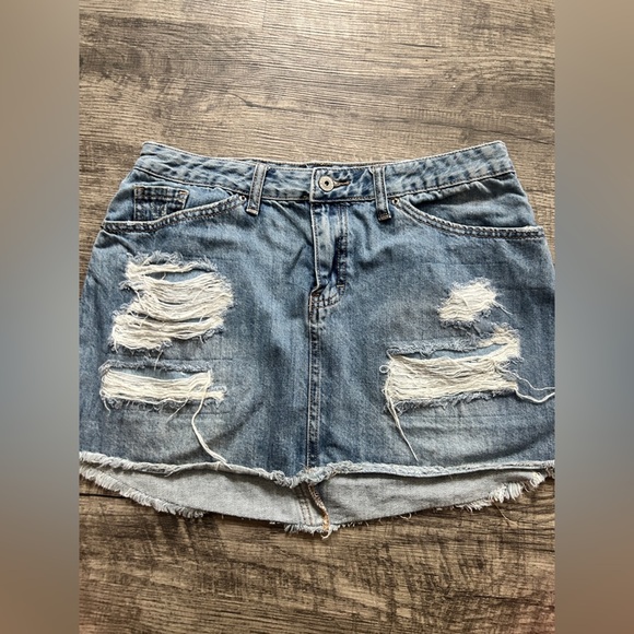 Distressed Denim Mini Skirt - Picture 1 of 5